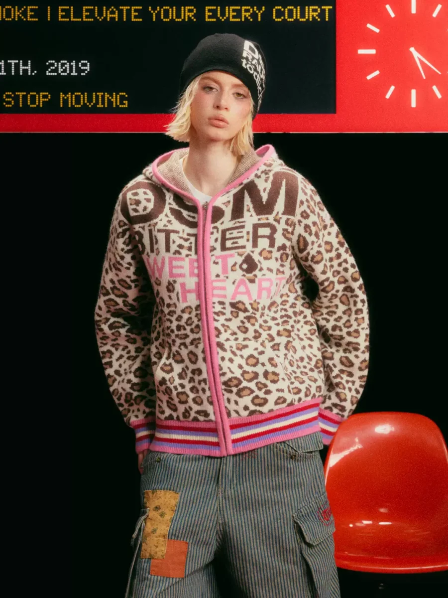 DONSMOKE | Relaxed Leopard Print Contrast Trim Hooded Knit Cardigan - 4