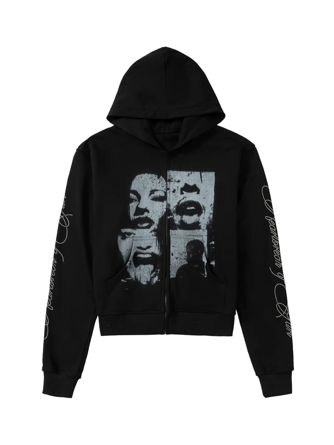 NASTYHUB | Loose-Fit Rhinestone Script Graphic Hoodie