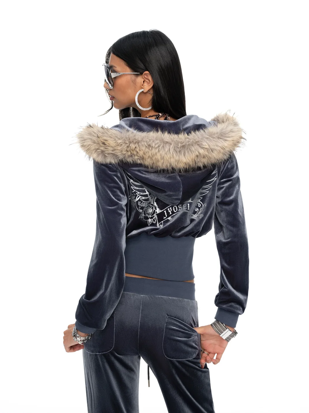 JYOSEI | Printed Velvet Hooded Top And Loose Pants Set