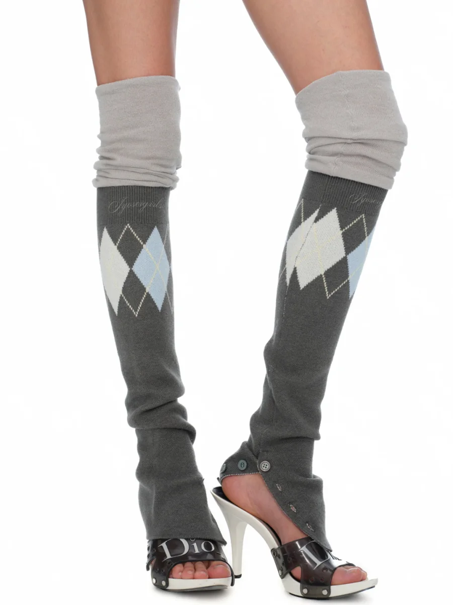 JYOSEI | Gray Argyle Patchwork Over-Knee Knit Leg Warmers - 3