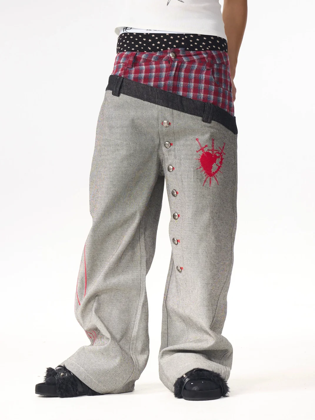 Fourth3ex | Plaid Patchwork Double Waistband Wide-Leg Jeans