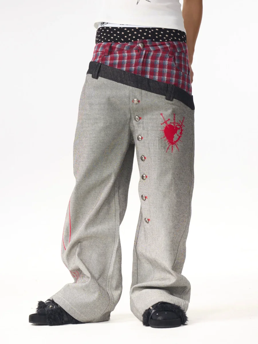 Fourth3ex | Plaid Patchwork Double Waistband Wide-Leg Jeans - 4