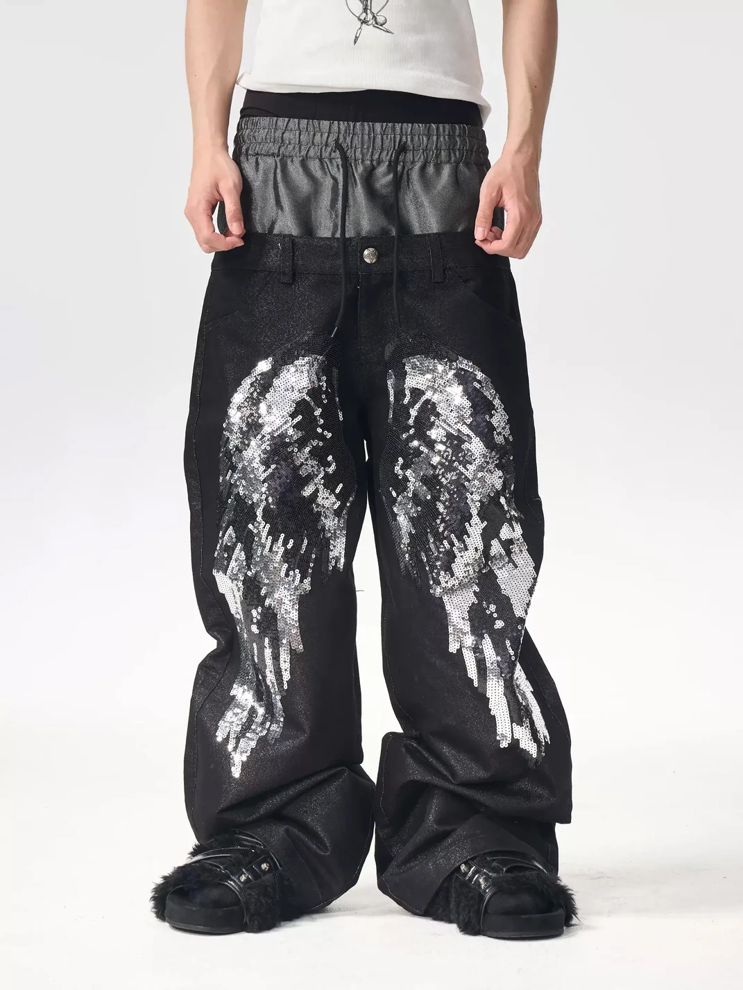 Fourth3ex | Double-Waistband Sequin Wing Wide-Leg Jeans