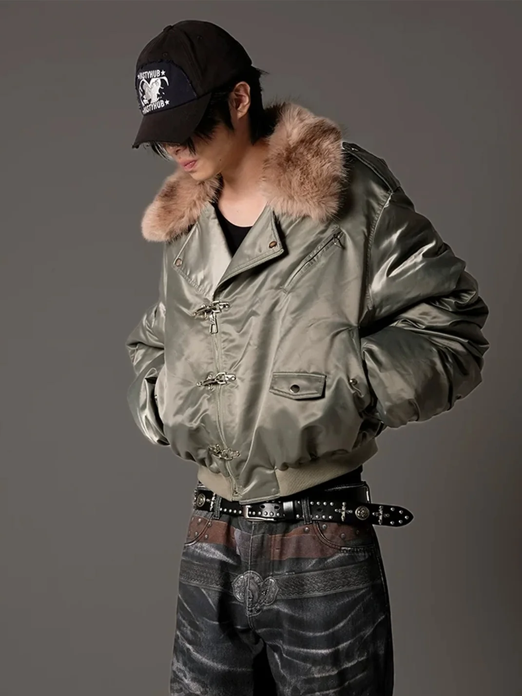 NASTYHUB | Cropped Wide-Fit Bomber Jacket With Detachable Plush Collar