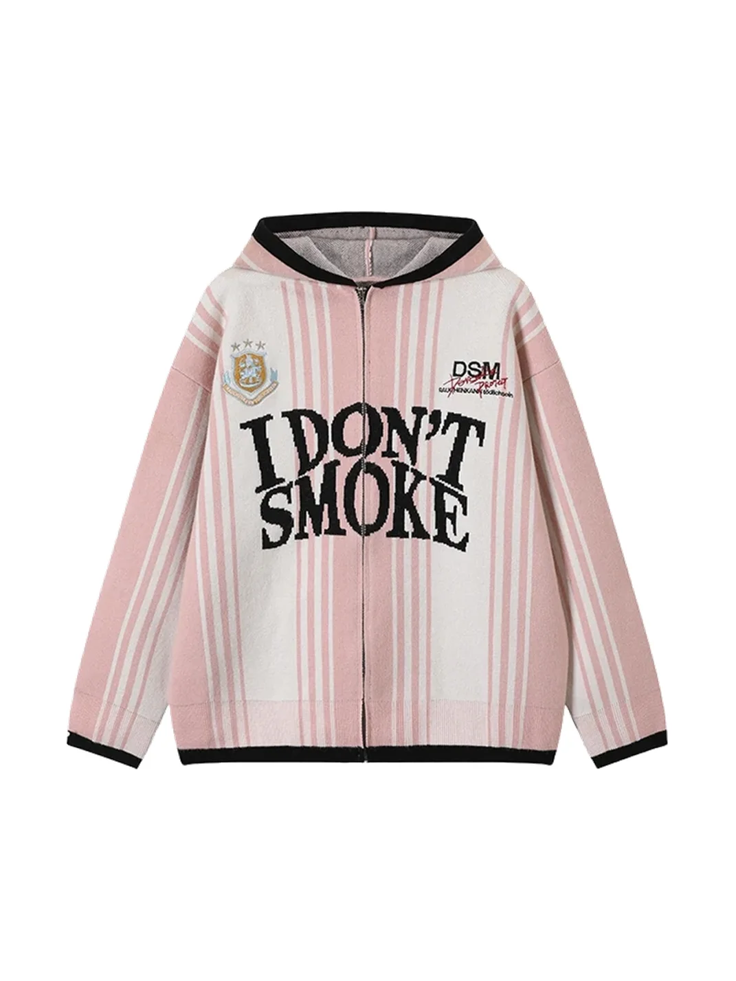 DONSMOKE | Vertical Striped Hooded Zip-Up Jacquard Knit Cardigan