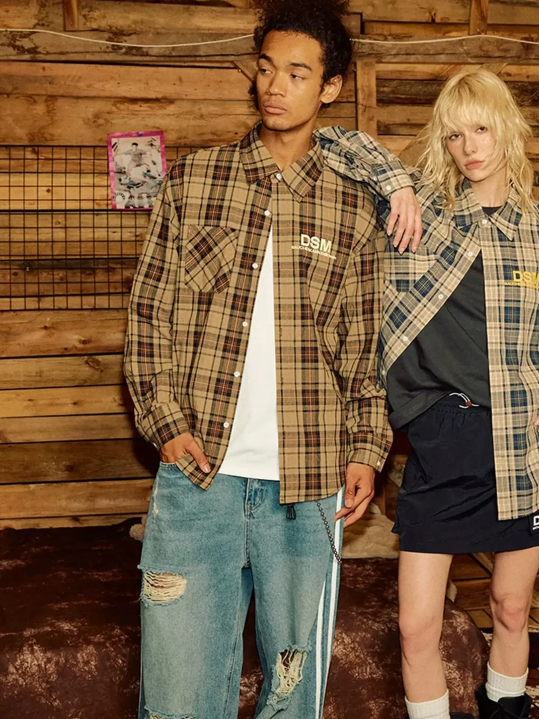 DONSMOKE | Oversized Contrast Plaid Long Sleeve Shirt
