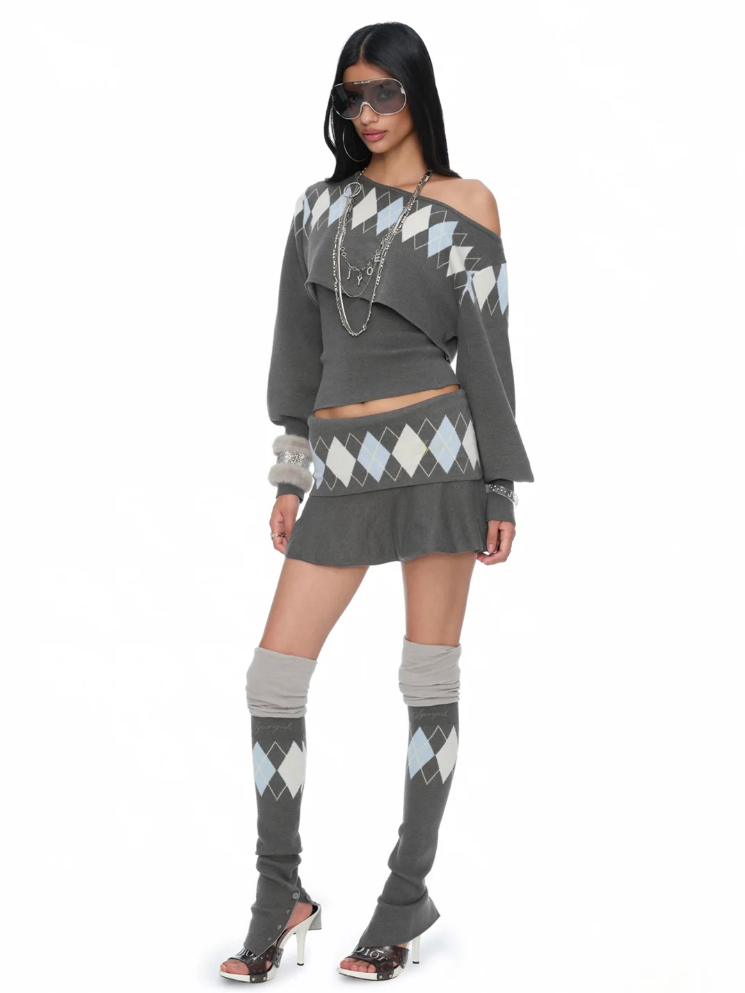 JYOSEI | Gray Argyle Patchwork Over-Knee Knit Leg Warmers