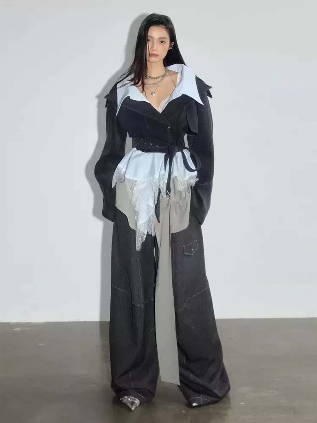 Jnylon studios | Off-Shoulder High-Waisted Faux Two-Piece Detachable Lace Cropped Jacket