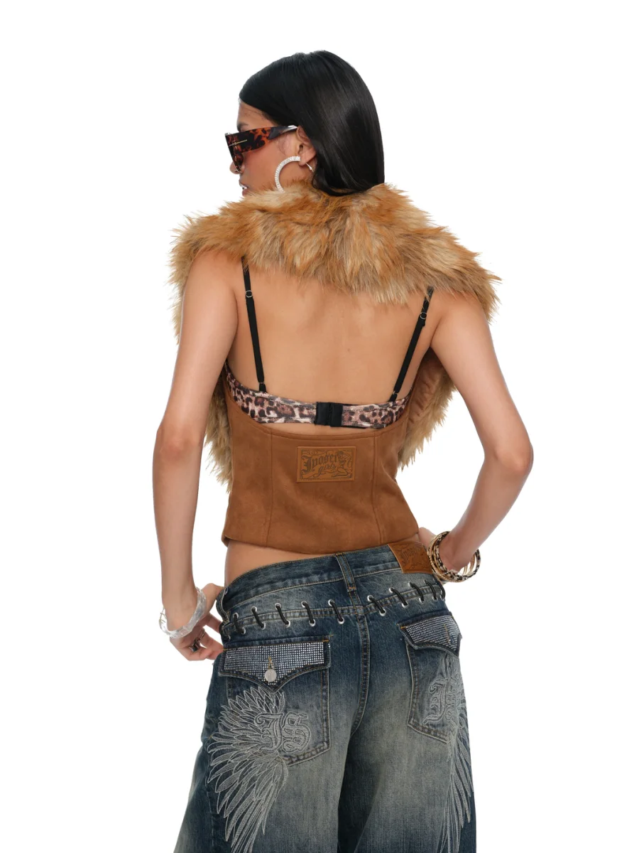 JYOSEI | Faux Suede Open-Back Faux Fox Fur Collar Vest - 3