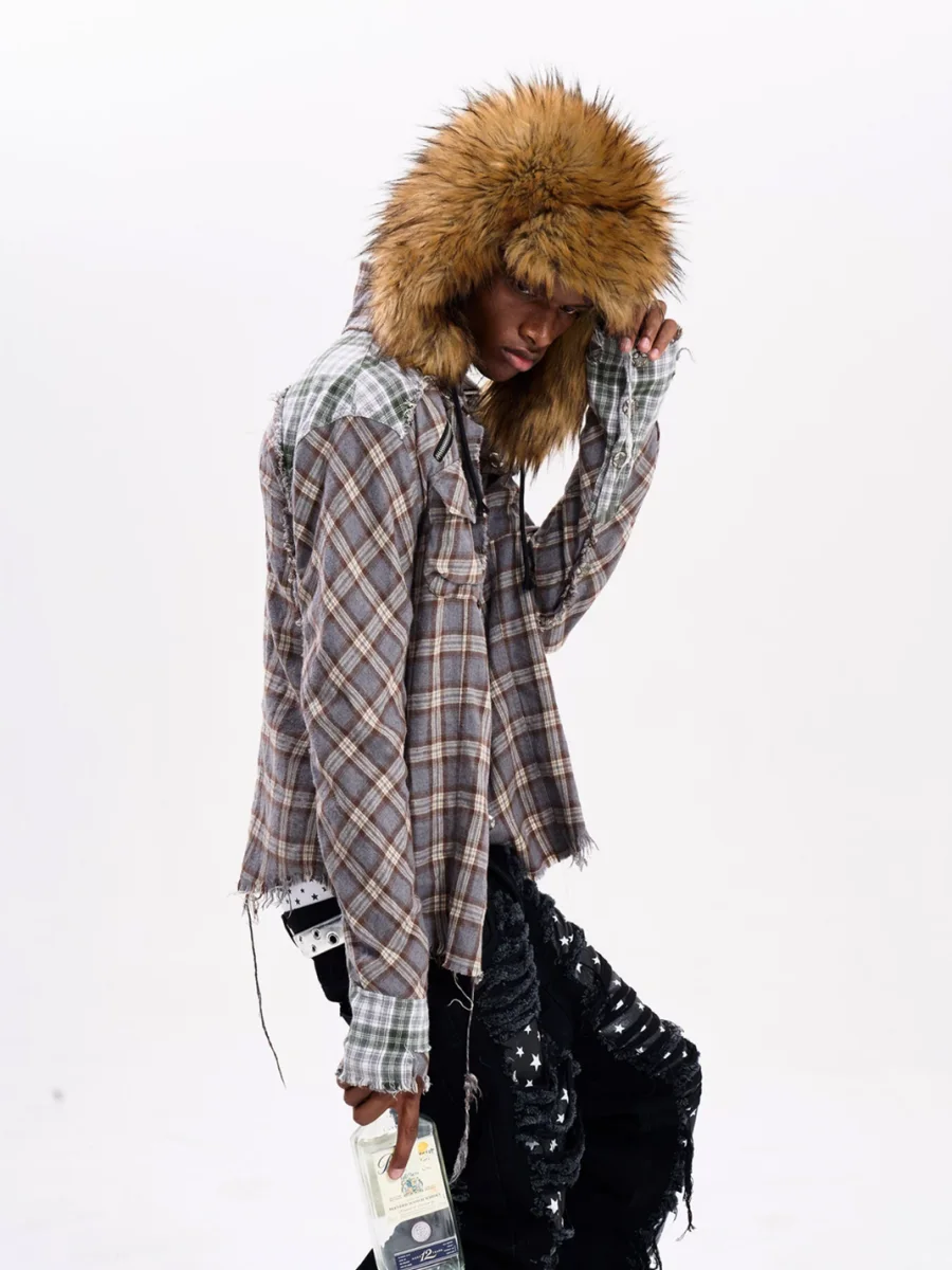 Fourth3ex | Distressed Patchwork Plaid Long Sleeve Shirt Jacket - 4