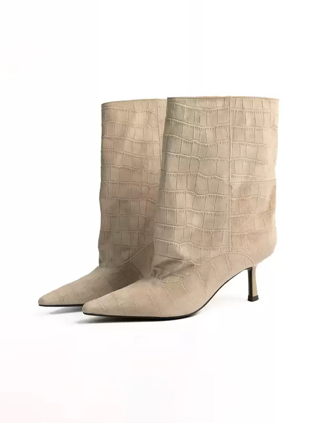 ZHUDAGE | Pointed-Toe Plaid Leather High-Heel Short Boots