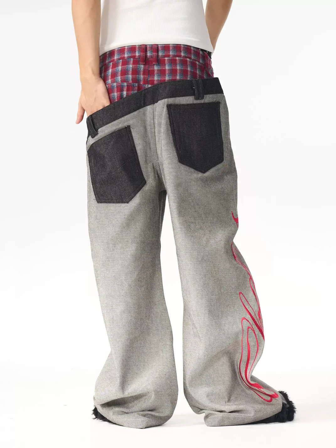 Fourth3ex | Plaid Patchwork Double Waistband Wide-Leg Jeans