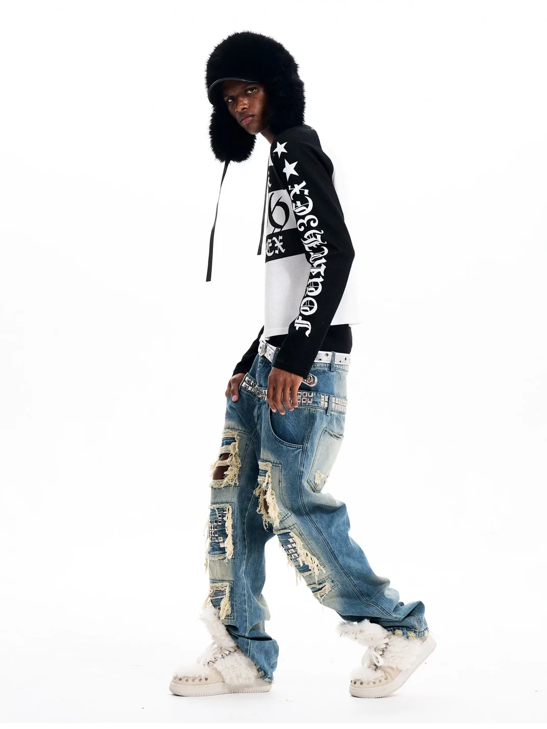 Fourth3ex | Letter Print Waffle Colorblock Long Sleeve T-Shirt