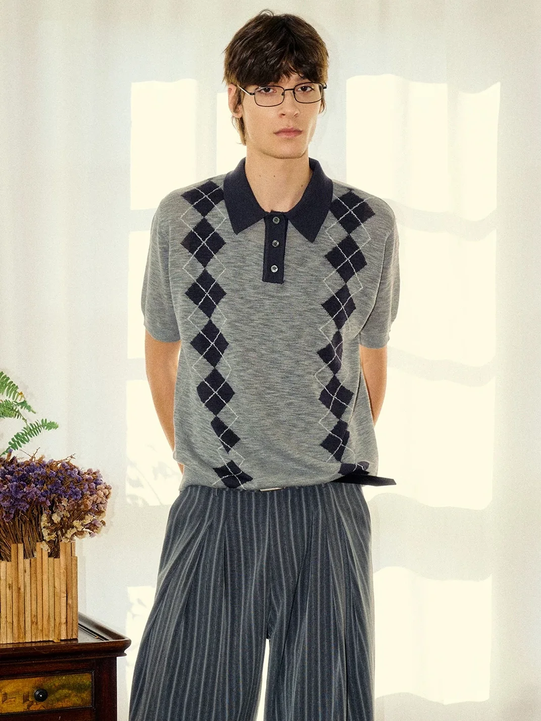 KREATE | Boxy Diamond Pattern Knit Polo Shirt