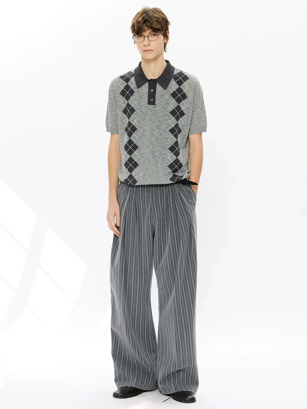 KREATE | Boxy Diamond Pattern Knit Polo Shirt