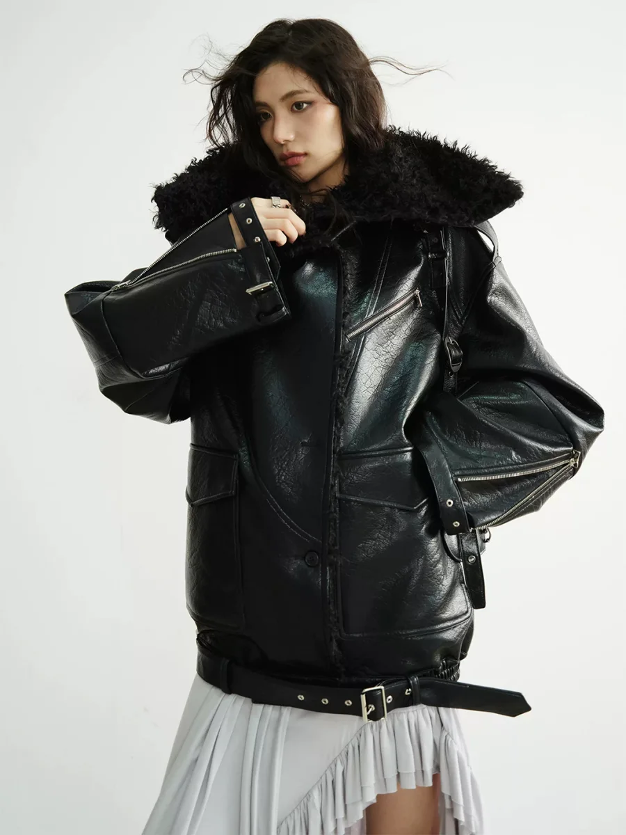 Jnylon studios | Oversized Mid-Length PU Jacket With Large Lapels - 2