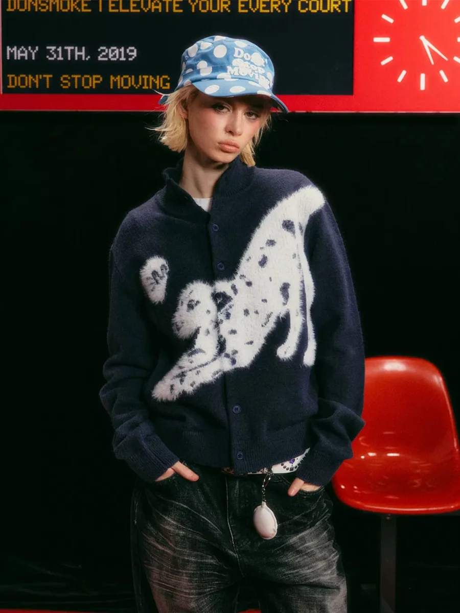 DONSMOKE | Dalmatian Heart Jacquard Stand Collar Knit Cardigan - 4