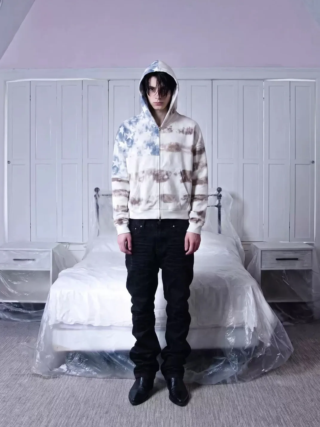 NASTYHUB | Washed Distressed Stars And Stripes Boxy Hoodie