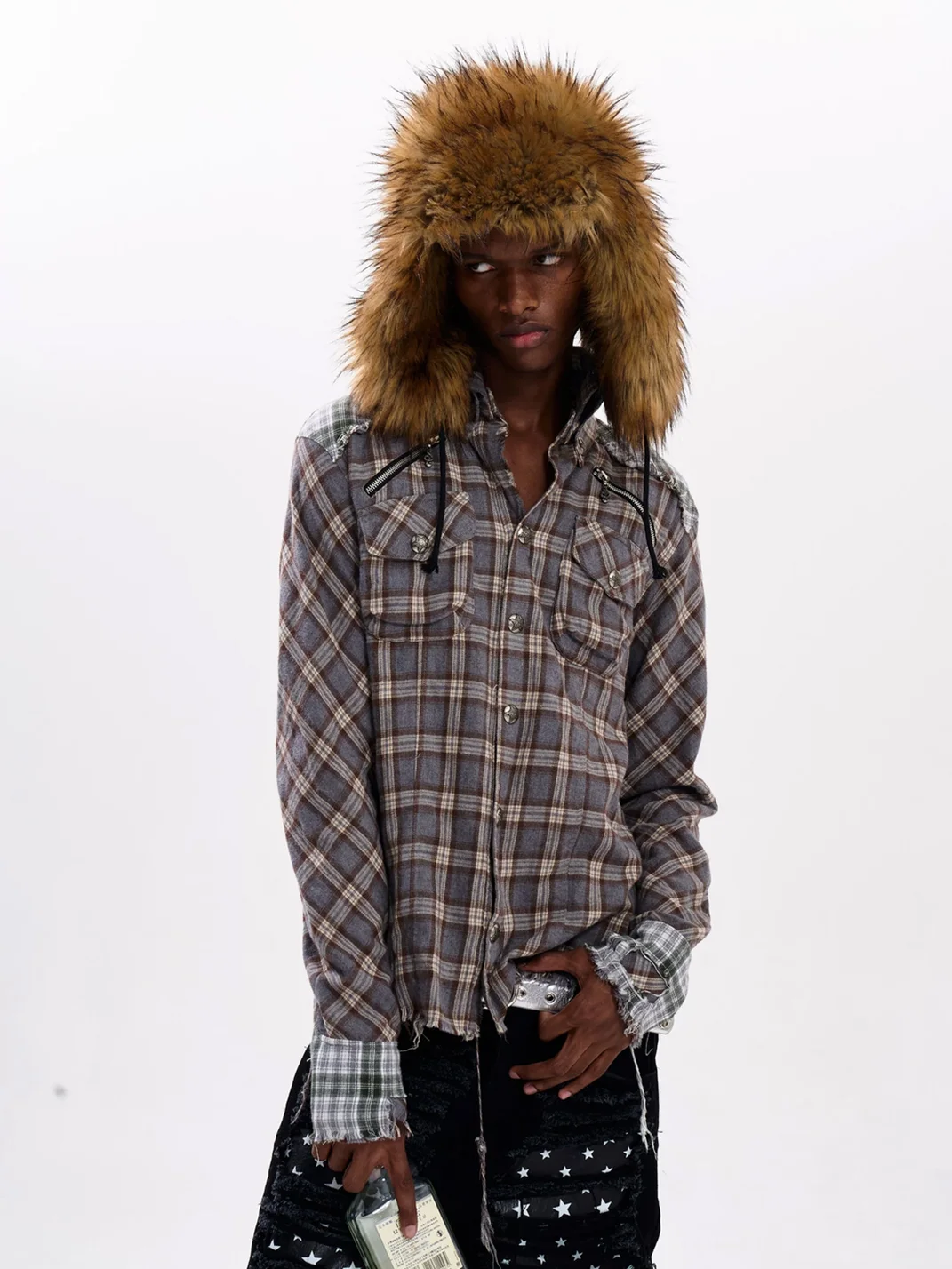 Fourth3ex | Distressed Patchwork Plaid Long Sleeve Shirt Jacket