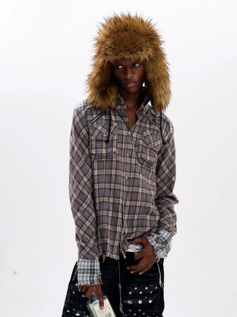 Fourth3ex | Distressed Patchwork Plaid Long Sleeve Shirt Jacket - 3
