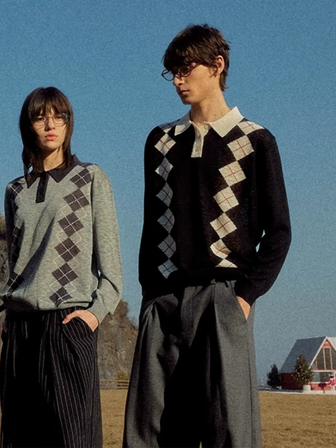 KREATE | Boxy Diamond Pattern Knit Polo Shirt