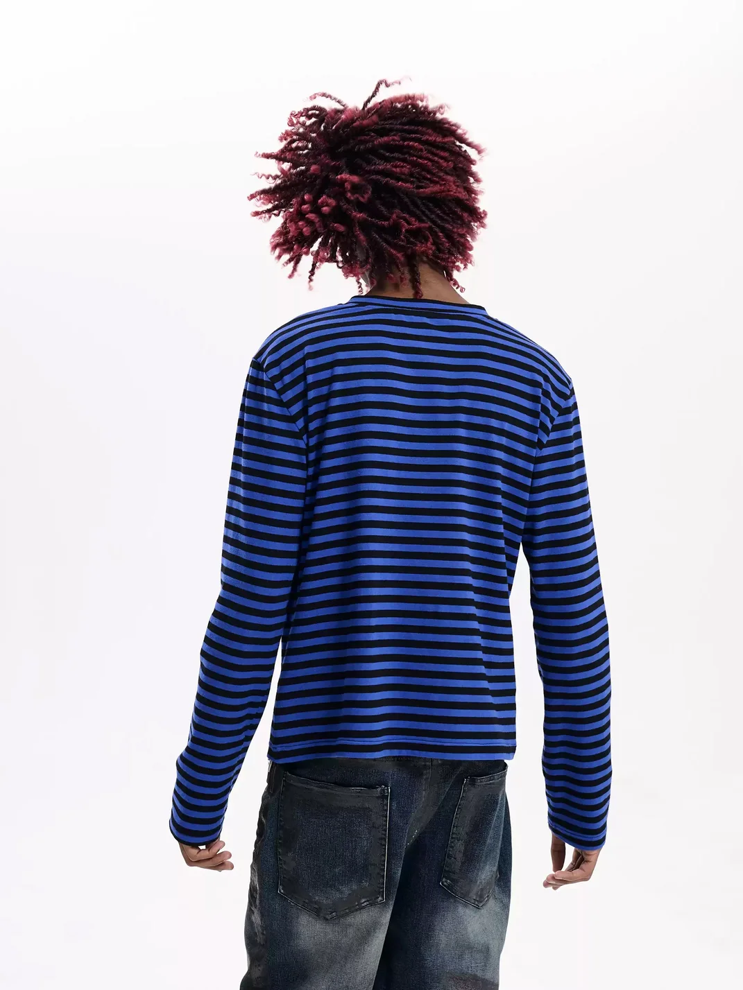 Fourth3ex | Striped V-Neck Long-Sleeve Rhinestone Skull T-Shirt