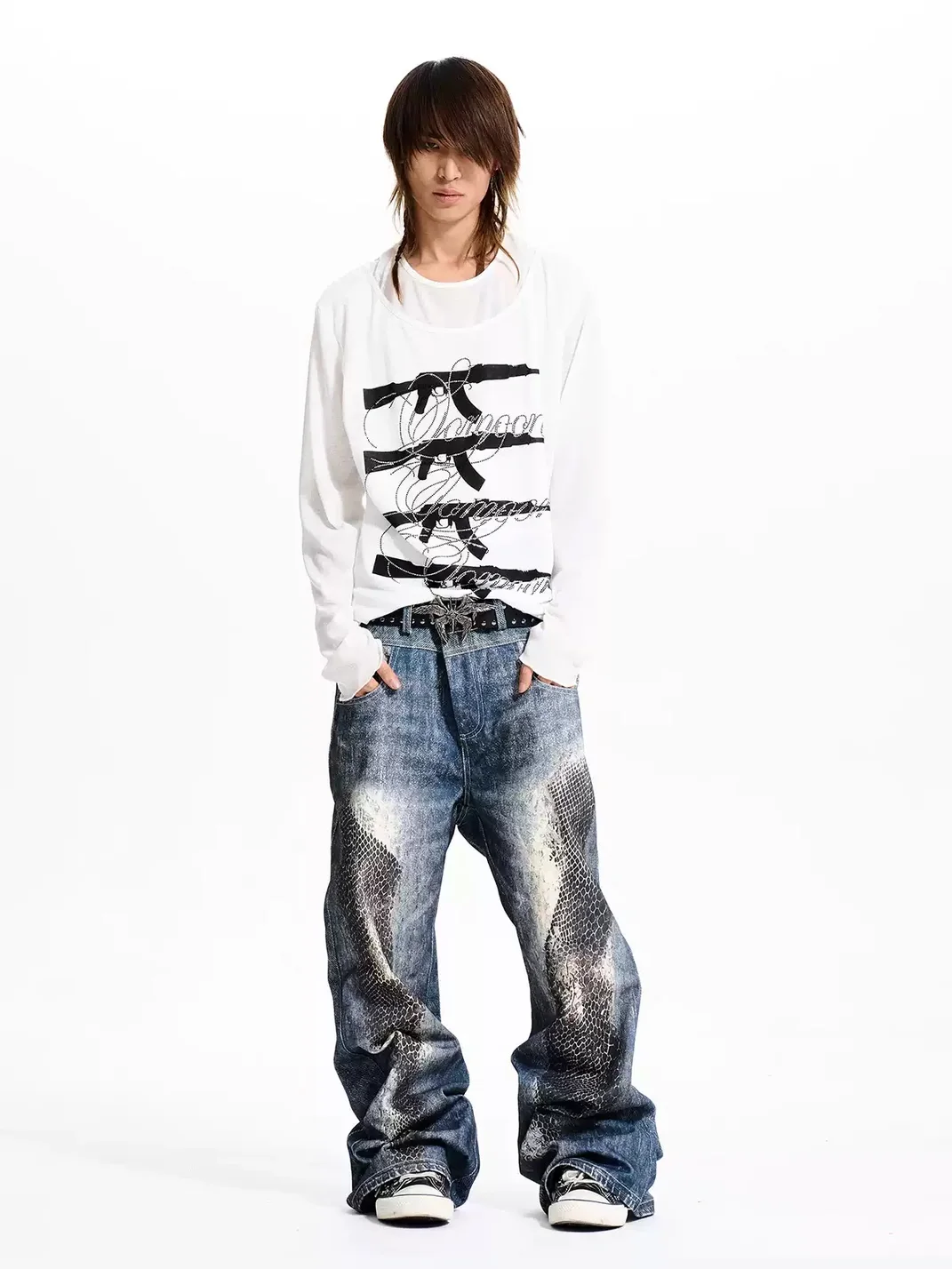 Fourth3ex | Washed Snakeskin Print Floor-Length Jeans