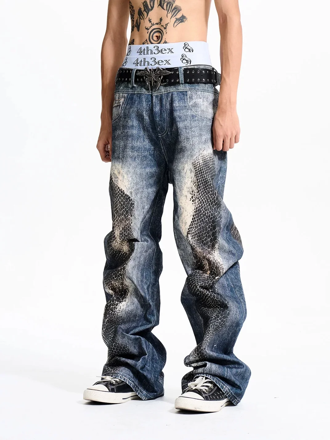 Fourth3ex | Washed Snakeskin Print Floor-Length Jeans