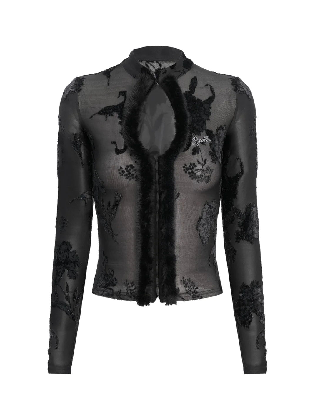 JYOSEI | Flocked Cutout Fitted Long-Sleeve Sheer Top