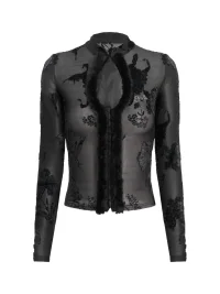 JYOSEI | Flocked Cutout Fitted Long-Sleeve Sheer Top