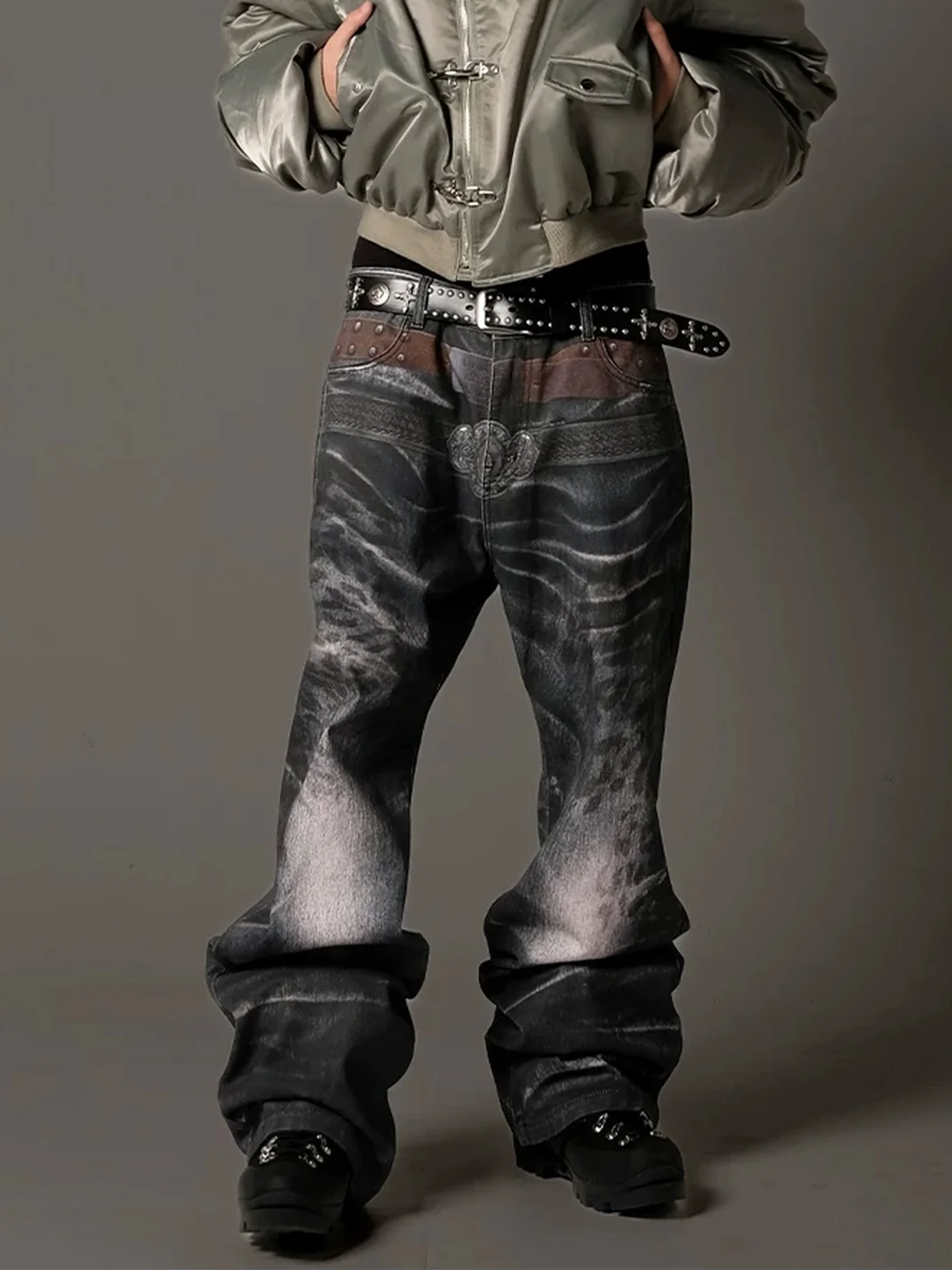 NASTYHUB | Wave Leopard Print Double-Belt Straight-Leg Jeans