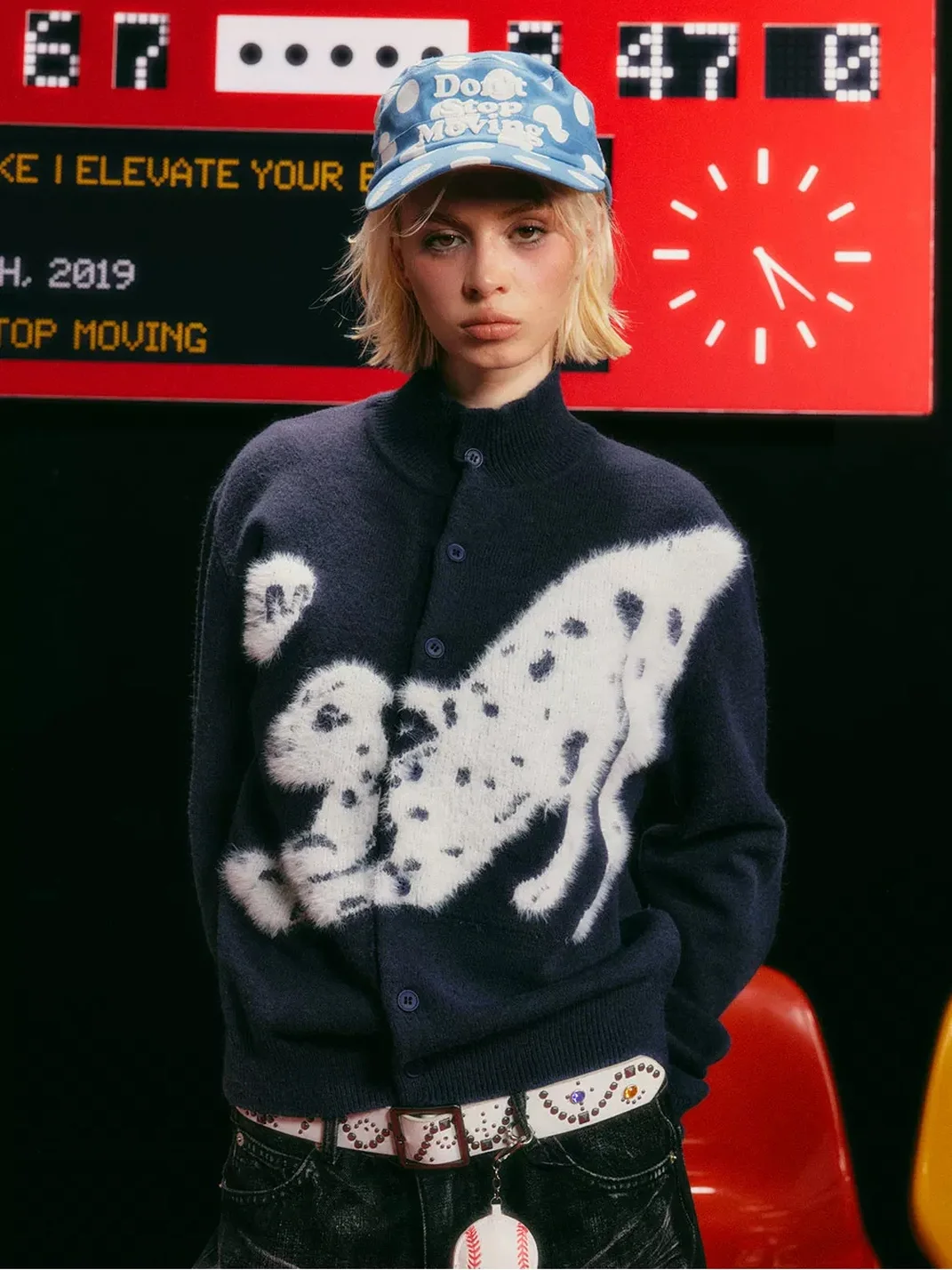 DONSMOKE | Dalmatian Heart Jacquard Stand Collar Knit Cardigan