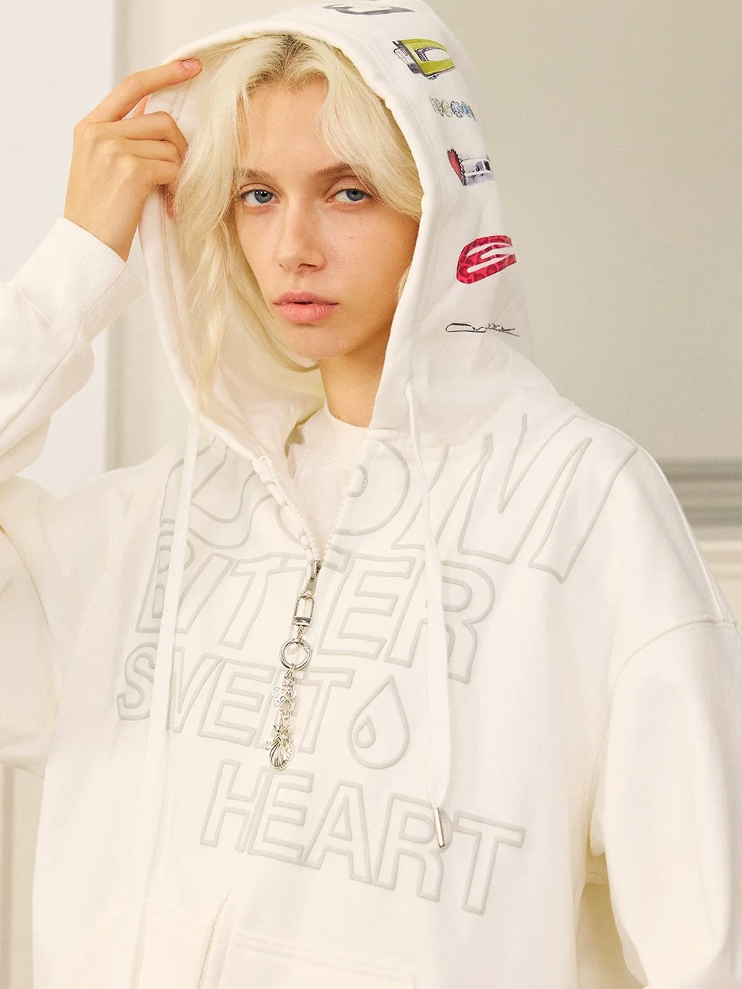 DONSMOKE | Drop Shoulder Hair Clip Print Zip-Up Hoodie