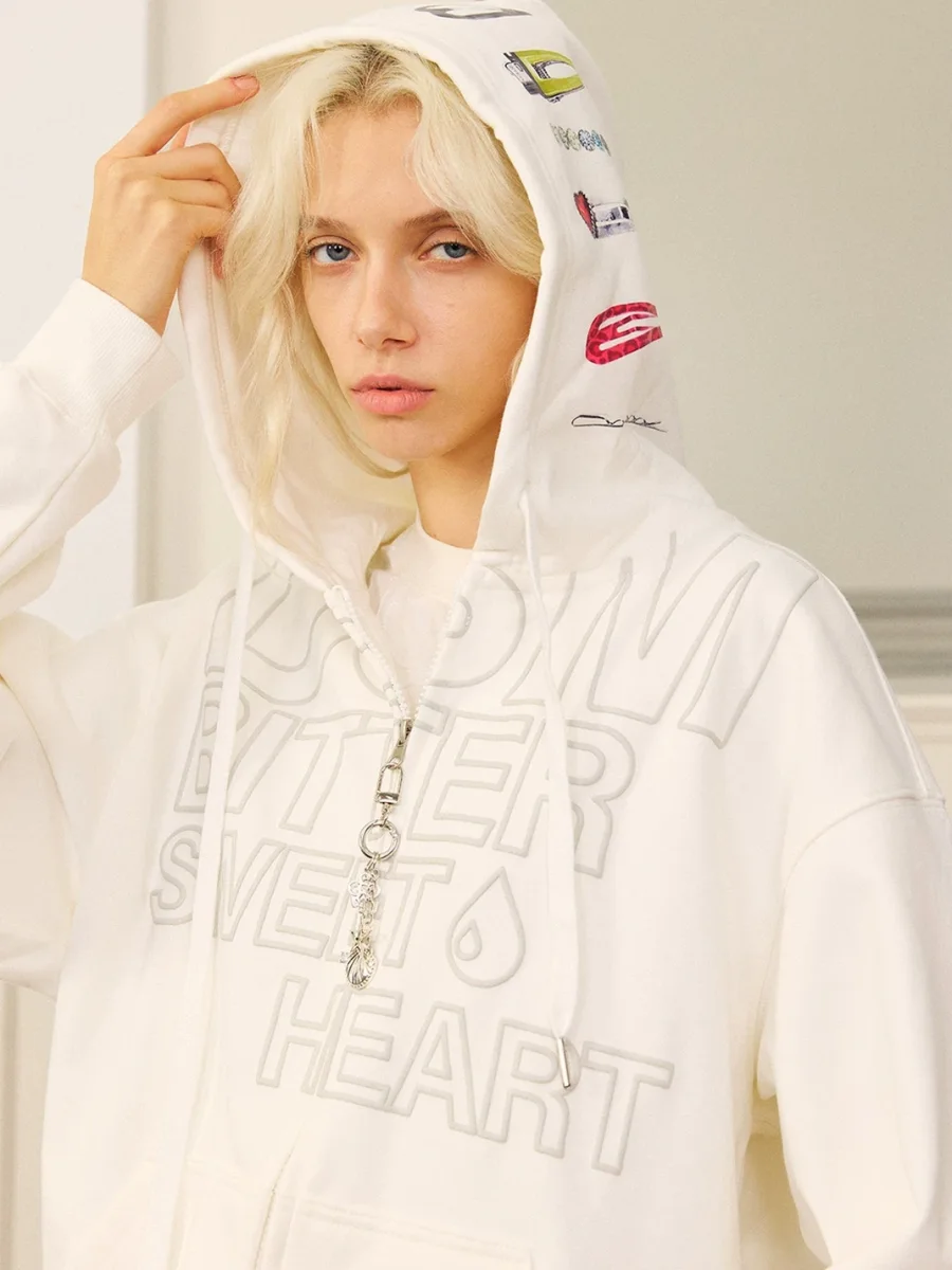 DONSMOKE | Drop Shoulder Hair Clip Print Zip-Up Hoodie - 4