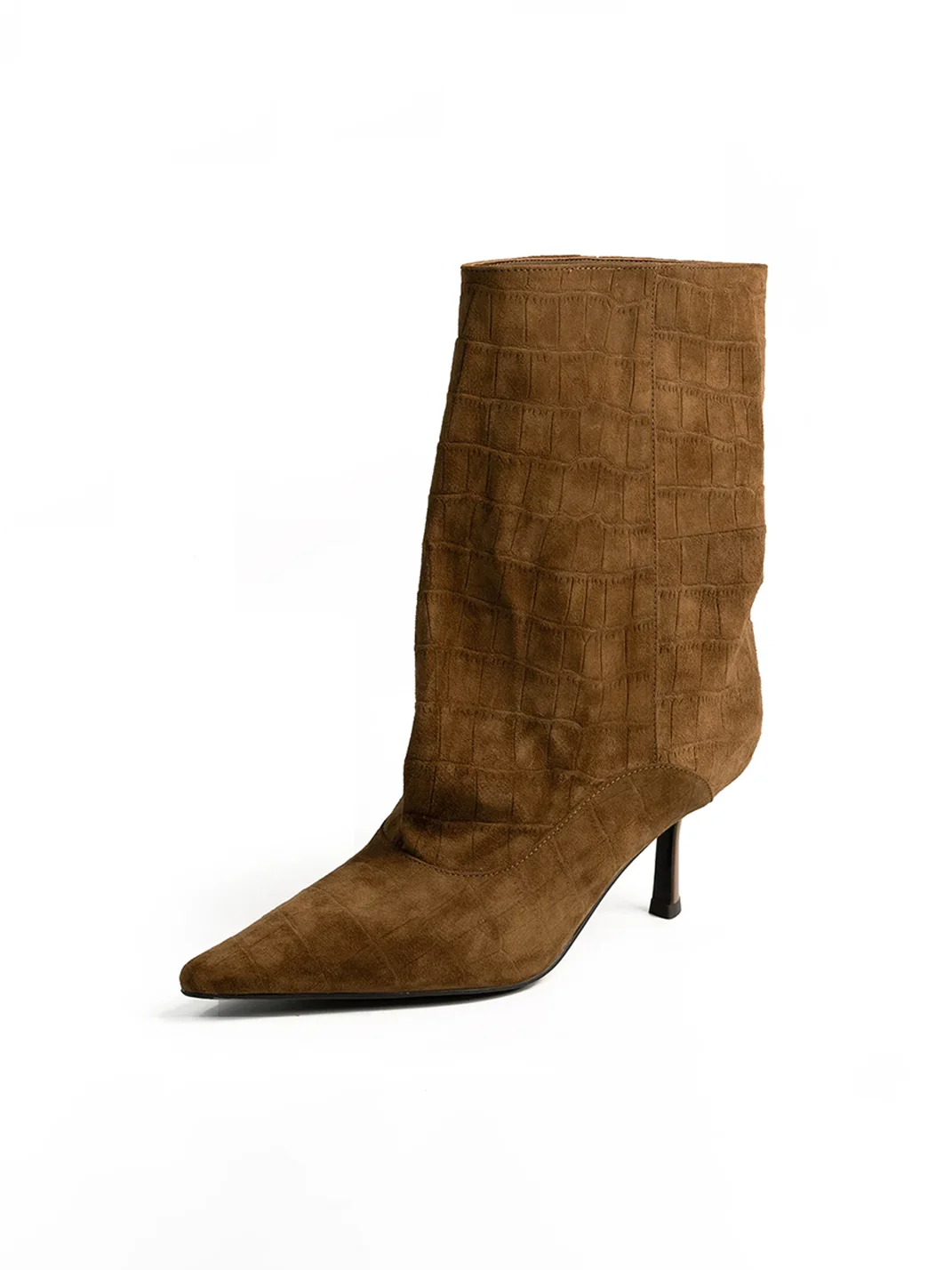 ZHUDAGE | Pointed-Toe Plaid Leather High-Heel Short Boots