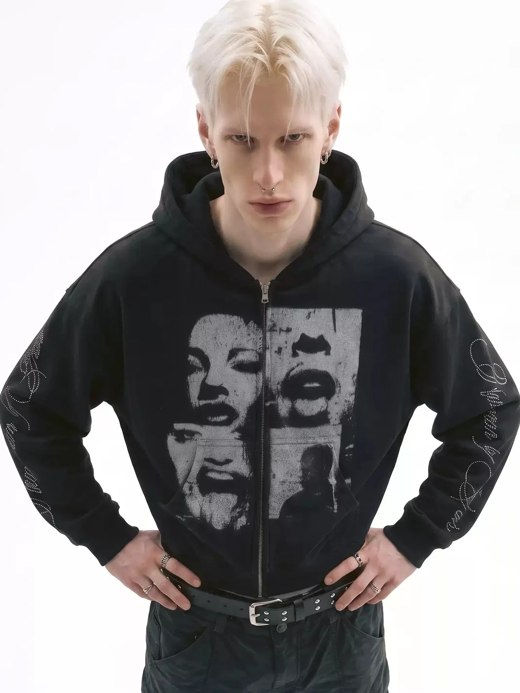 NASTYHUB | Loose-Fit Rhinestone Script Graphic Hoodie