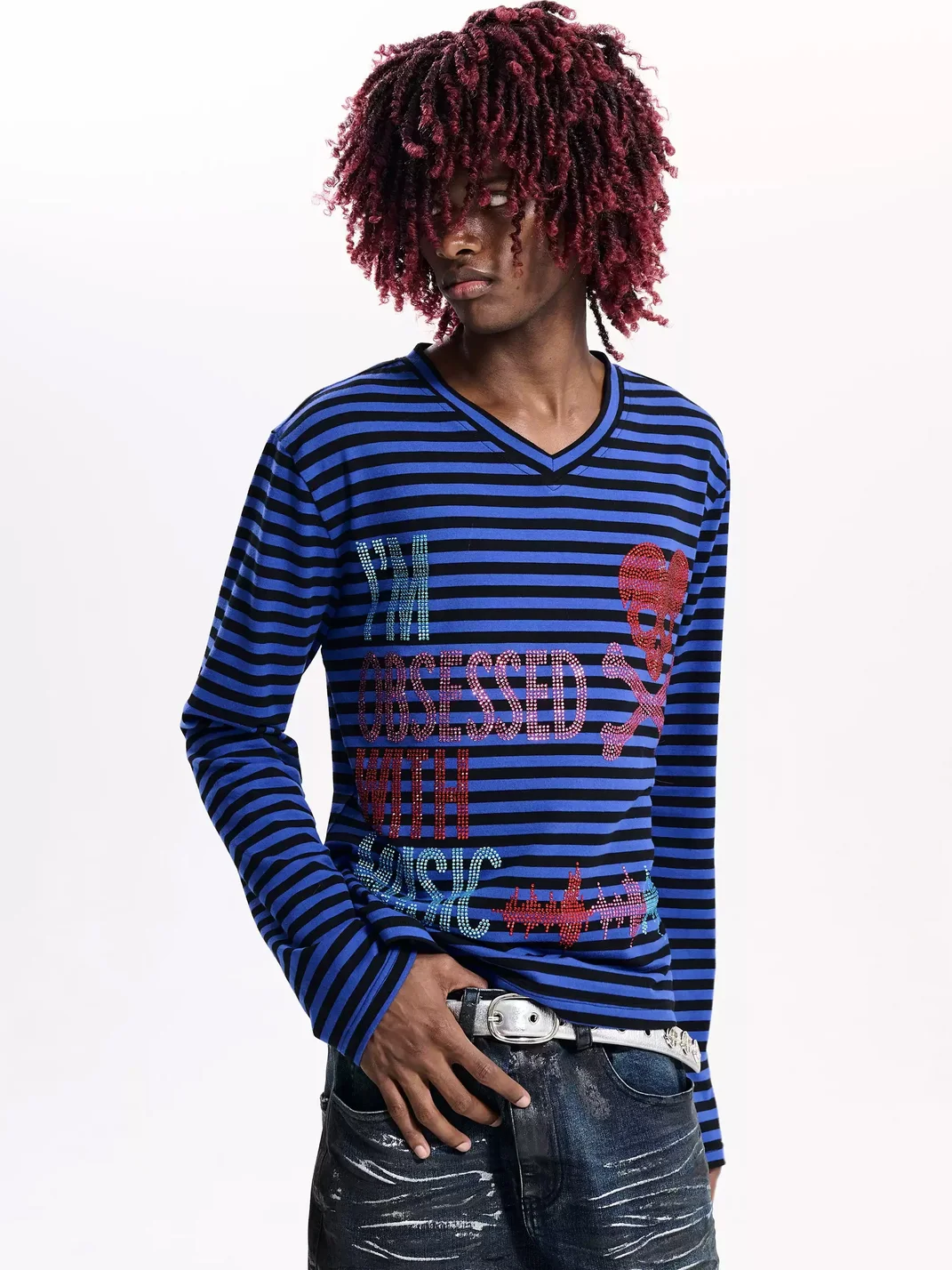 Fourth3ex | Striped V-Neck Long-Sleeve Rhinestone Skull T-Shirt