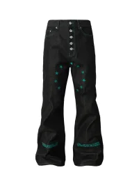 NASTYHUB | Star And Slogan Embroidered Raw Denim Flared Jeans