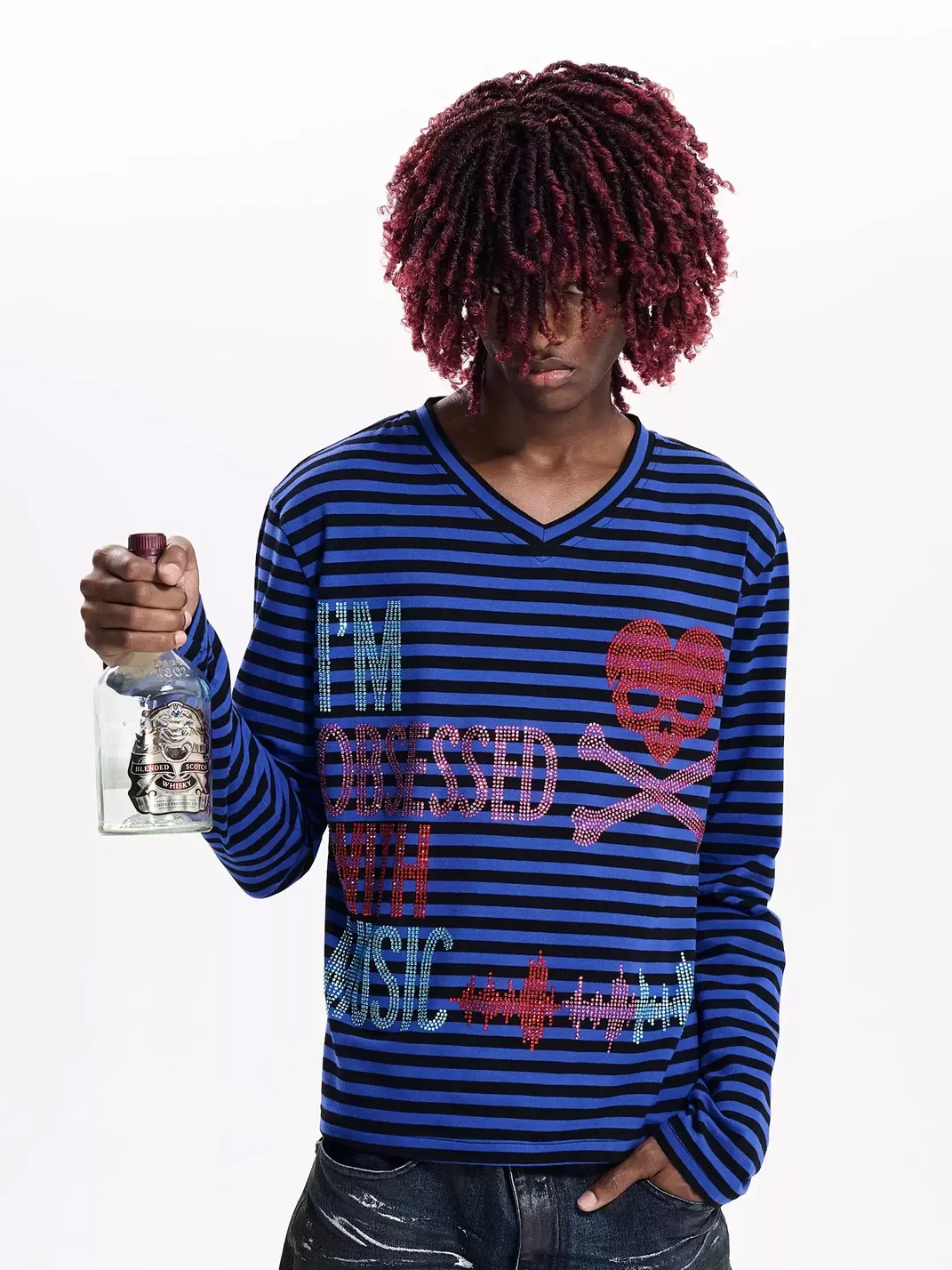 Fourth3ex | Striped V-Neck Long-Sleeve Rhinestone Skull T-Shirt