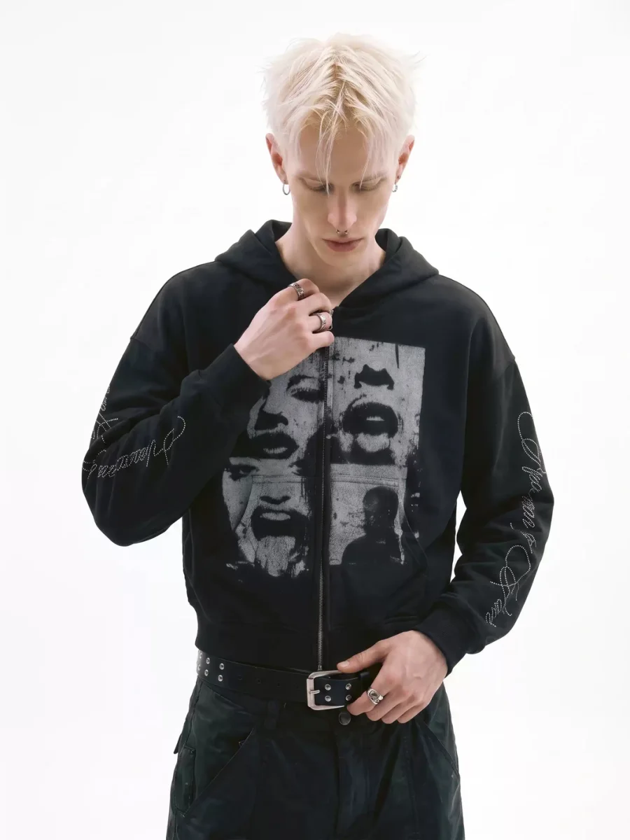 NASTYHUB | Loose-Fit Rhinestone Script Graphic Hoodie - 3