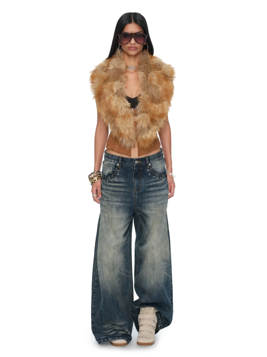 JYOSEI | Washed Blue Embroidered Loose Wide-Leg Jeans - 4