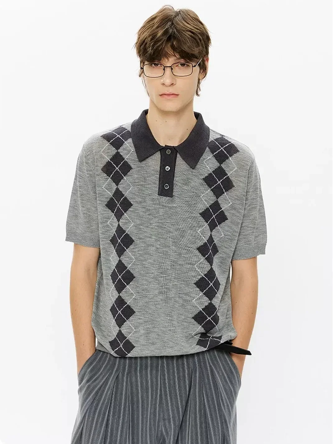 KREATE | Boxy Diamond Pattern Knit Polo Shirt