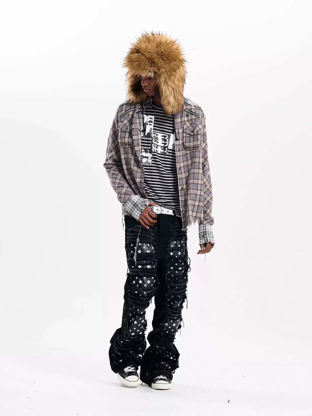 Fourth3ex | Distressed Patchwork Plaid Long Sleeve Shirt Jacket