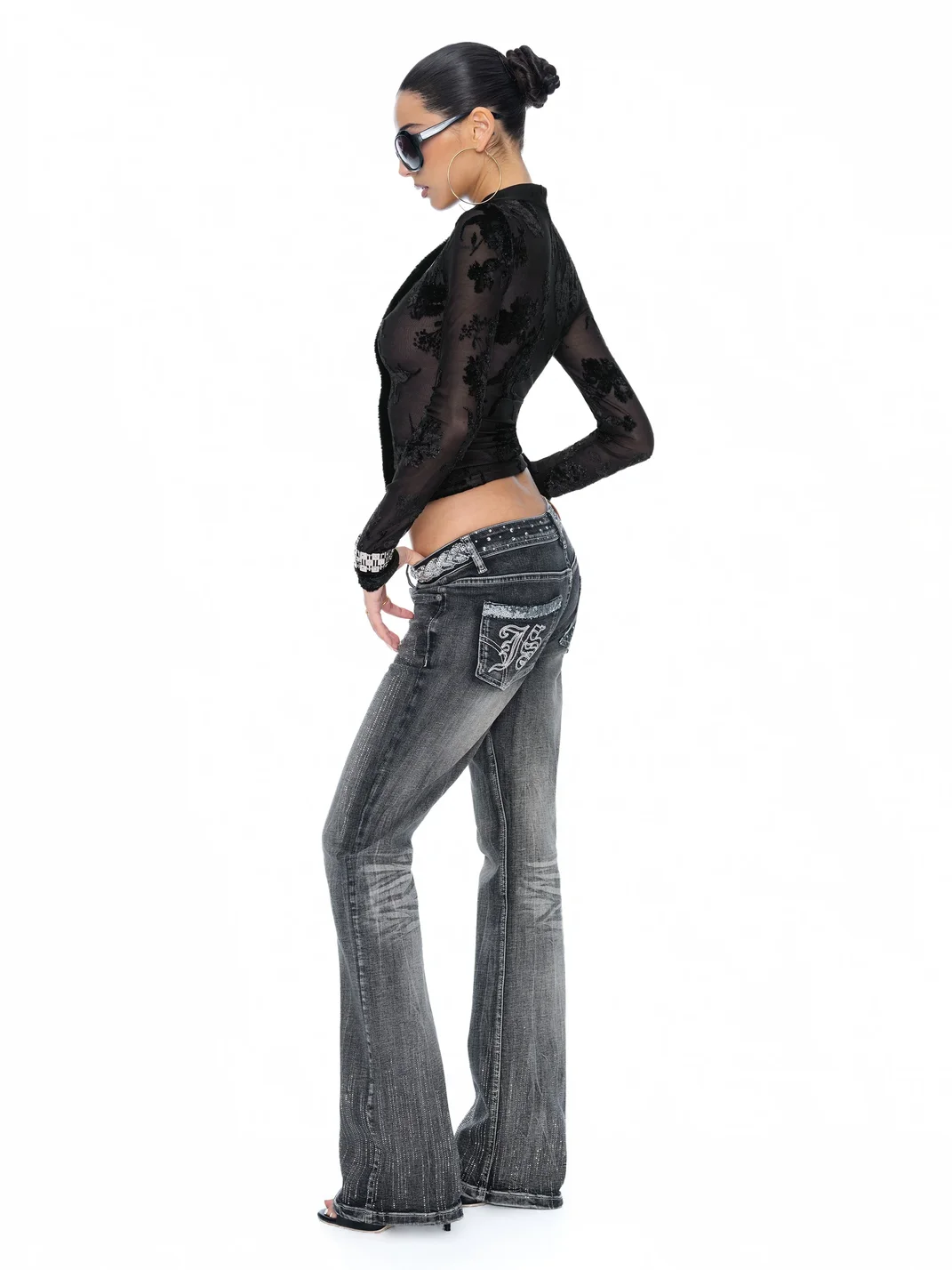 JYOSEI | Flocked Cutout Fitted Long-Sleeve Sheer Top