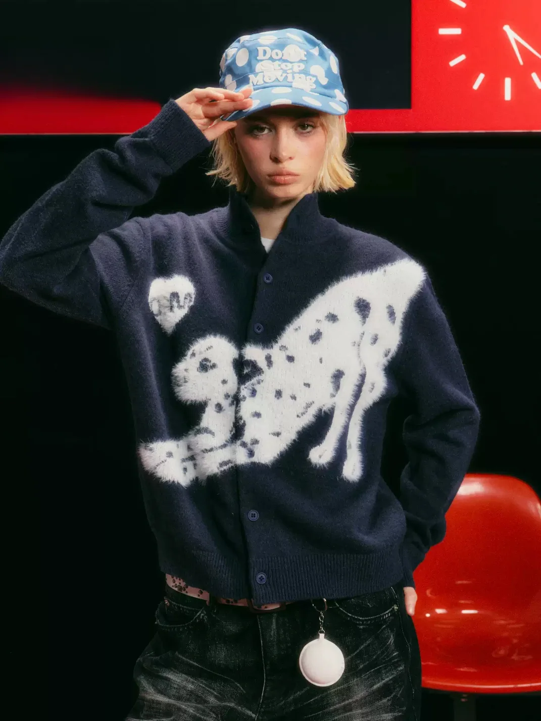 DONSMOKE | Dalmatian Heart Jacquard Stand Collar Knit Cardigan