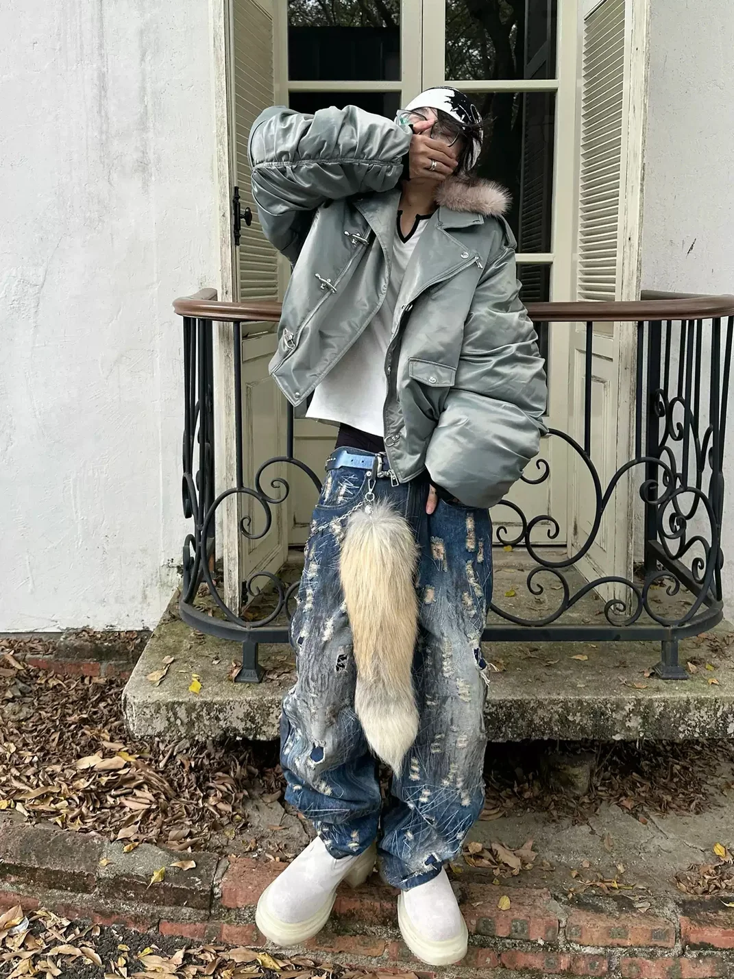 NASTYHUB | Cropped Wide-Fit Bomber Jacket With Detachable Plush Collar