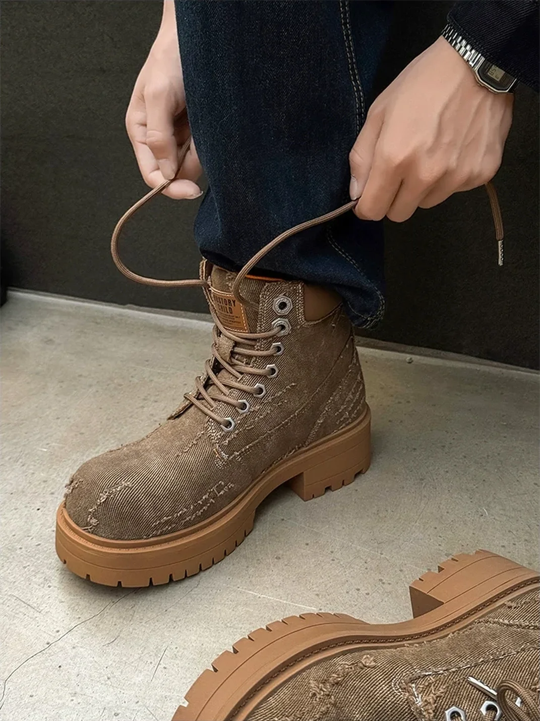 FGMM | Distressed Denim Platform Work Boots