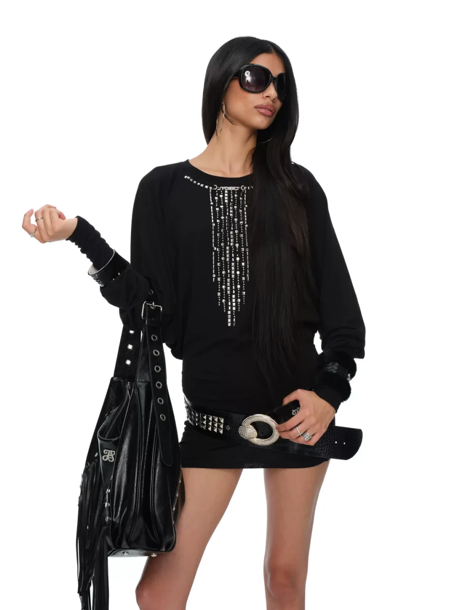 JYOSEI | Black Open-Back Chain Rhinestone Round-Neck Dress - 2