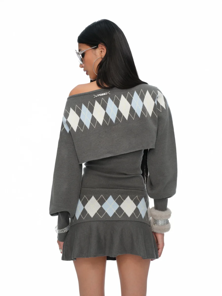 JYOSEI | Gray Argyle Knit Top And Pleated Skirt Set - 4