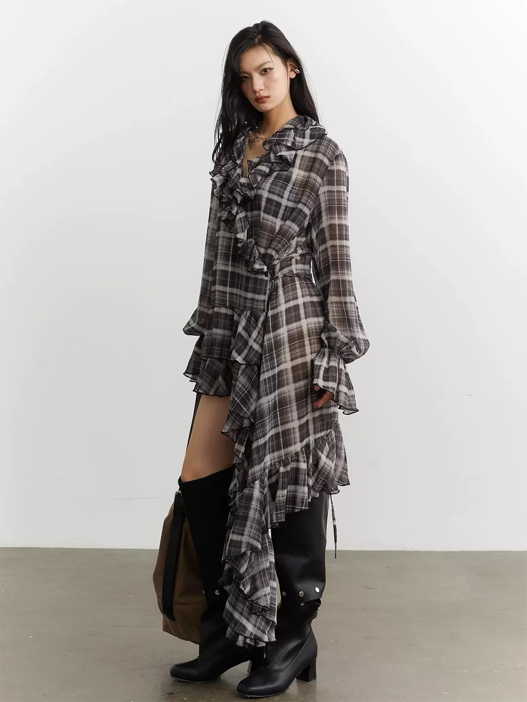 Jnylon studios | Relaxed Ruffled Asymmetric Plaid Chiffon Shirt Dress